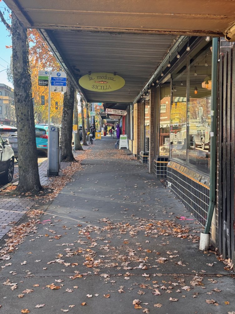 Fall leaves on the sidewalk under Columbia City's storefront awnings