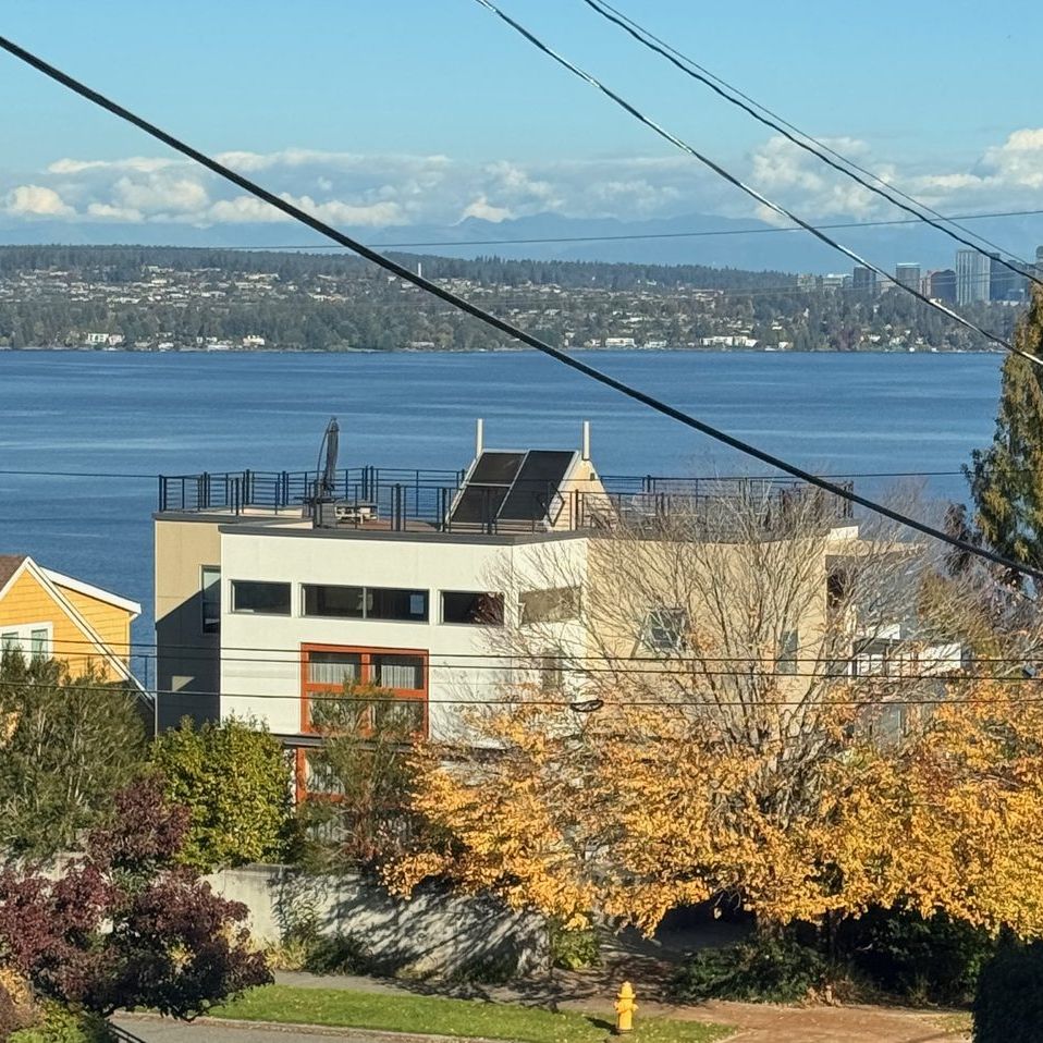 Lake Washington and the Bellevue skyline beyond Leschi rooftops and fall trees