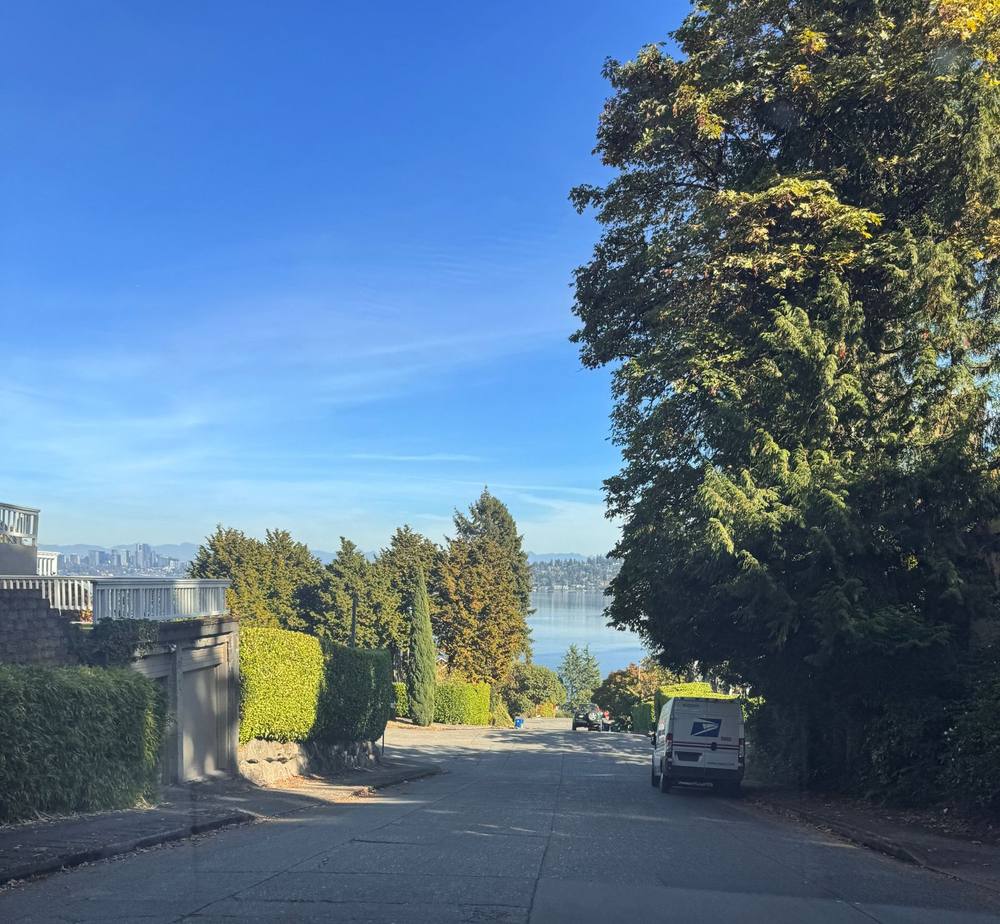 A Mount Baker street sloping down to Lake Washington, with Bellevue across the water